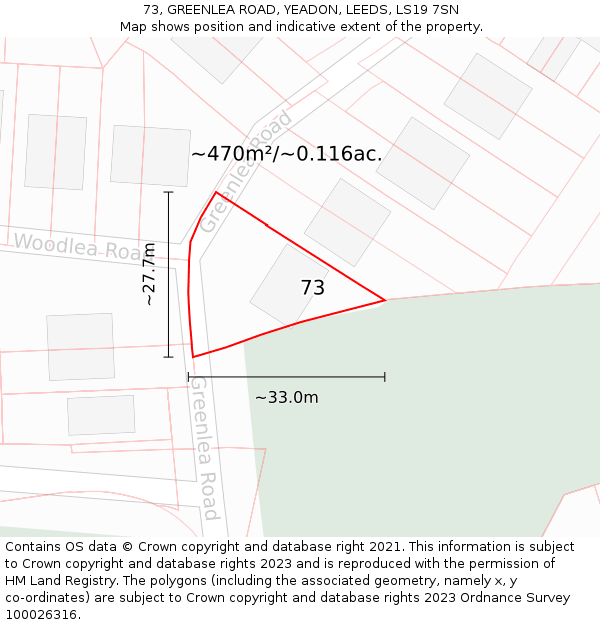 73, GREENLEA ROAD, YEADON, LEEDS, LS19 7SN: Plot and title map