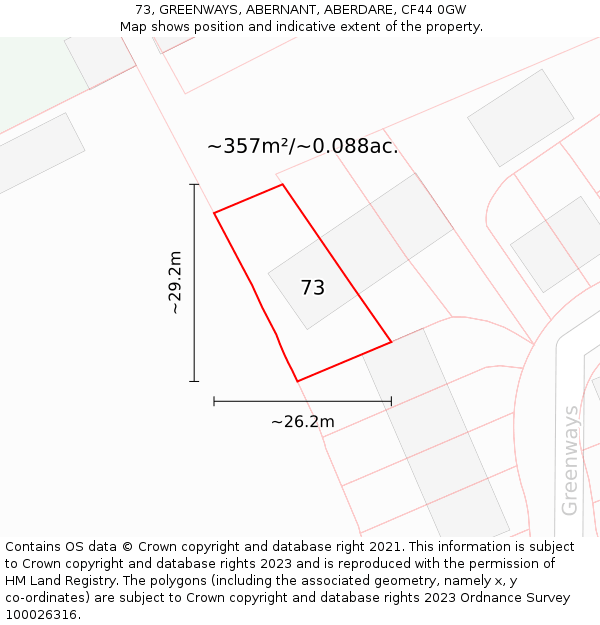 73, GREENWAYS, ABERNANT, ABERDARE, CF44 0GW: Plot and title map