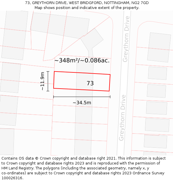 73, GREYTHORN DRIVE, WEST BRIDGFORD, NOTTINGHAM, NG2 7GD: Plot and title map