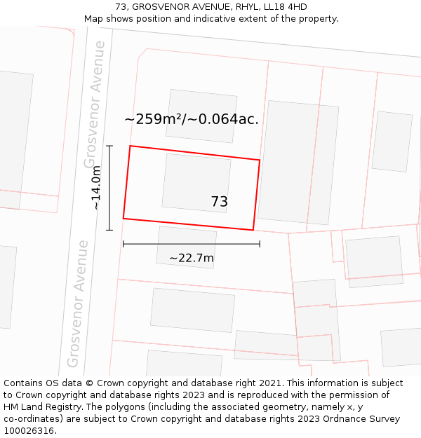 73, GROSVENOR AVENUE, RHYL, LL18 4HD: Plot and title map