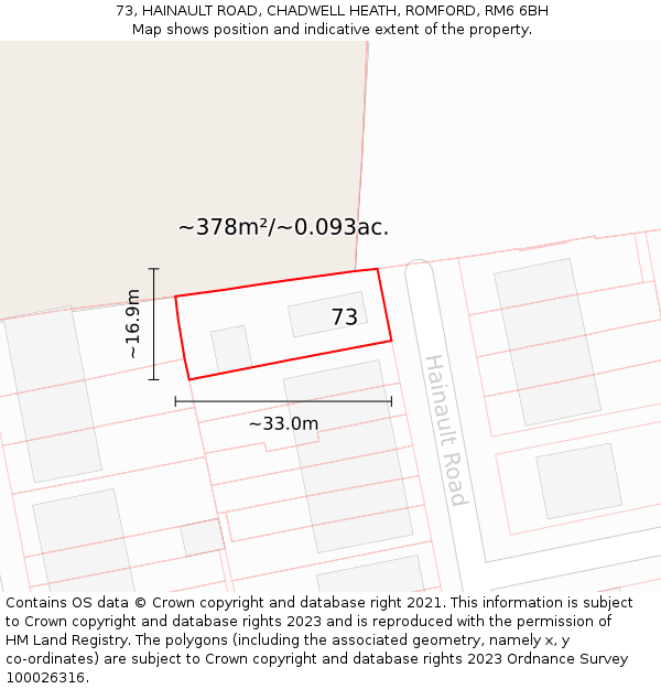 73, HAINAULT ROAD, CHADWELL HEATH, ROMFORD, RM6 6BH: Plot and title map