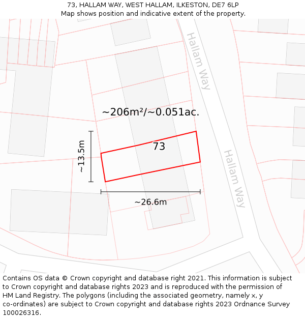 73, HALLAM WAY, WEST HALLAM, ILKESTON, DE7 6LP: Plot and title map