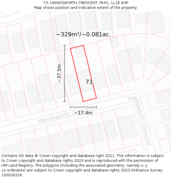 73, HANDSWORTH CRESCENT, RHYL, LL18 4HP: Plot and title map