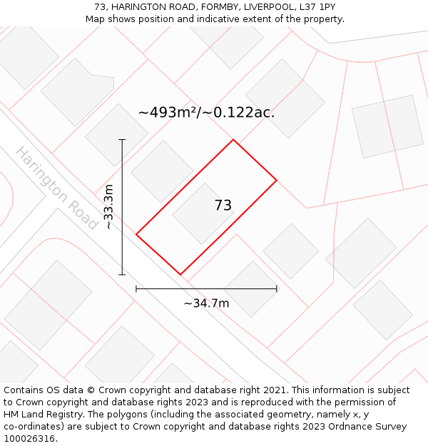 73, HARINGTON ROAD, FORMBY, LIVERPOOL, L37 1PY: Plot and title map