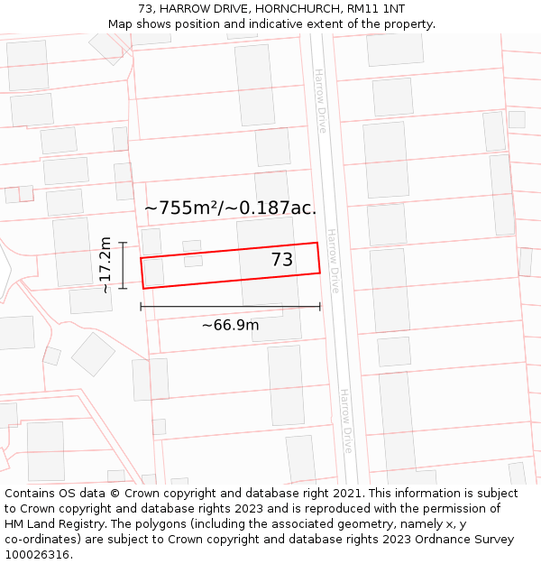 73, HARROW DRIVE, HORNCHURCH, RM11 1NT: Plot and title map