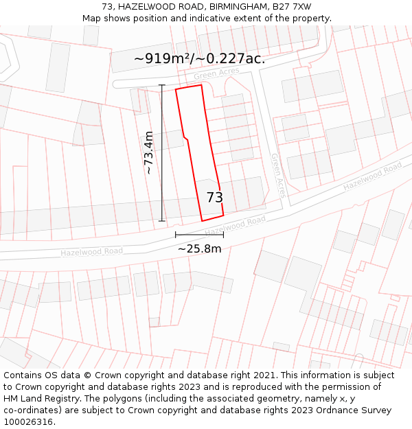 73, HAZELWOOD ROAD, BIRMINGHAM, B27 7XW: Plot and title map