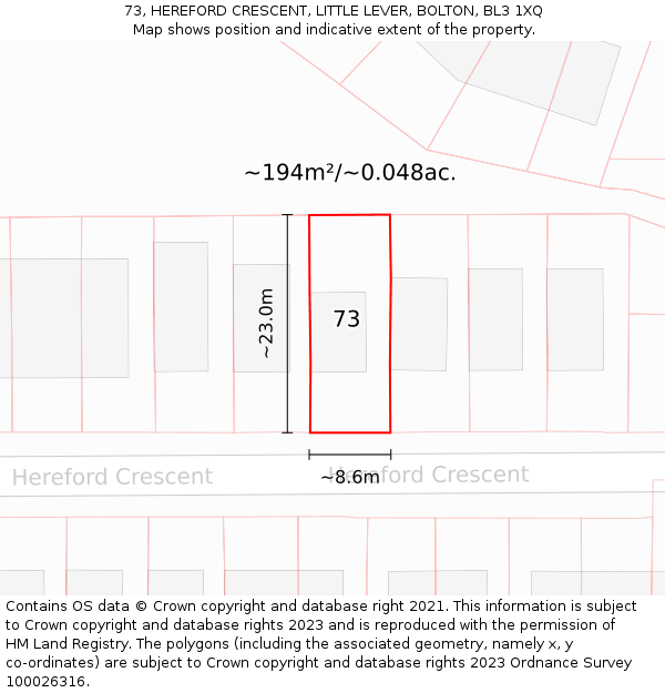 73, HEREFORD CRESCENT, LITTLE LEVER, BOLTON, BL3 1XQ: Plot and title map