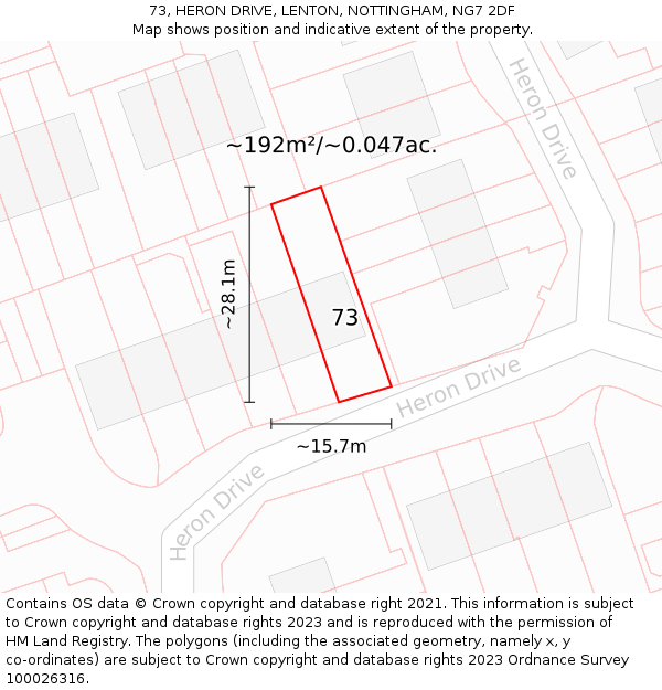 73, HERON DRIVE, LENTON, NOTTINGHAM, NG7 2DF: Plot and title map