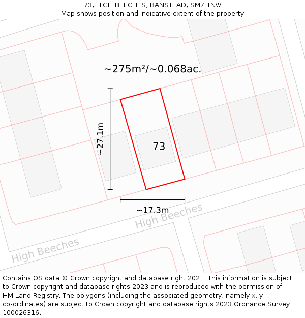 73, HIGH BEECHES, BANSTEAD, SM7 1NW: Plot and title map