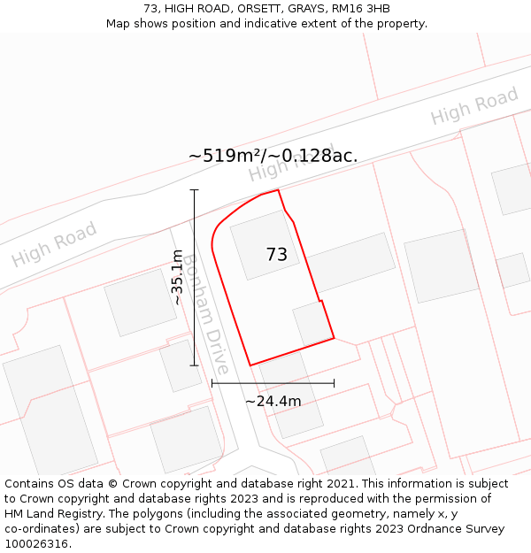 73, HIGH ROAD, ORSETT, GRAYS, RM16 3HB: Plot and title map