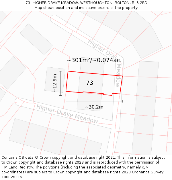 73, HIGHER DRAKE MEADOW, WESTHOUGHTON, BOLTON, BL5 2RD: Plot and title map