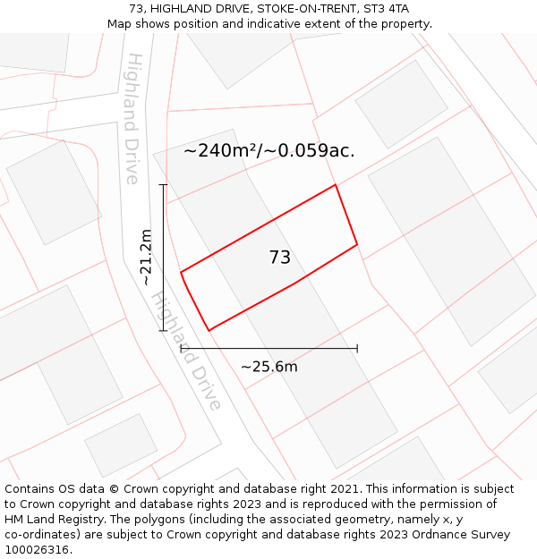 73, HIGHLAND DRIVE, STOKE-ON-TRENT, ST3 4TA: Plot and title map