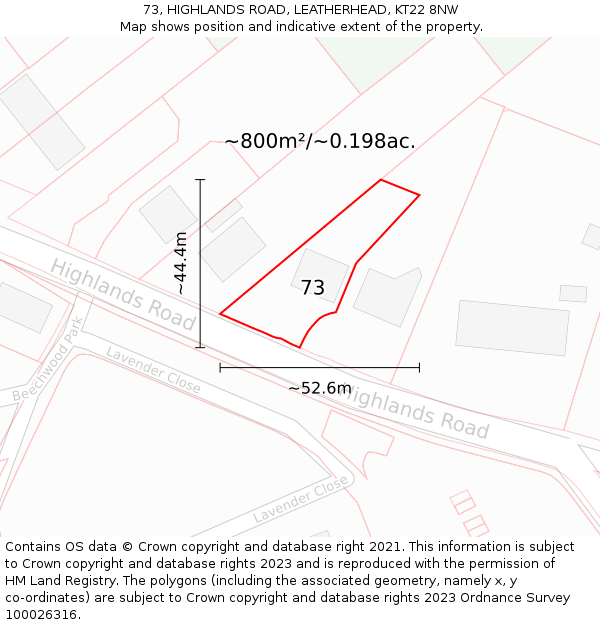 73, HIGHLANDS ROAD, LEATHERHEAD, KT22 8NW: Plot and title map