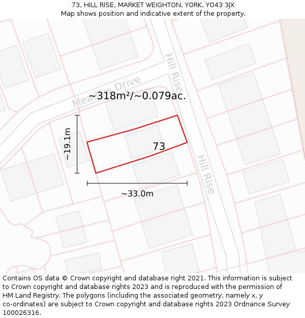 73, HILL RISE, MARKET WEIGHTON, YORK, YO43 3JX: Plot and title map