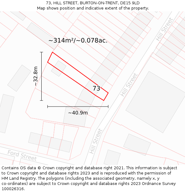 73, HILL STREET, BURTON-ON-TRENT, DE15 9LD: Plot and title map