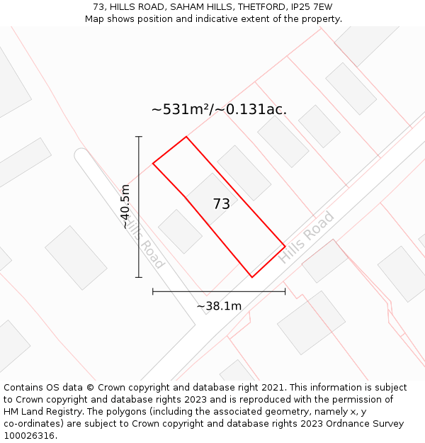 73, HILLS ROAD, SAHAM HILLS, THETFORD, IP25 7EW: Plot and title map