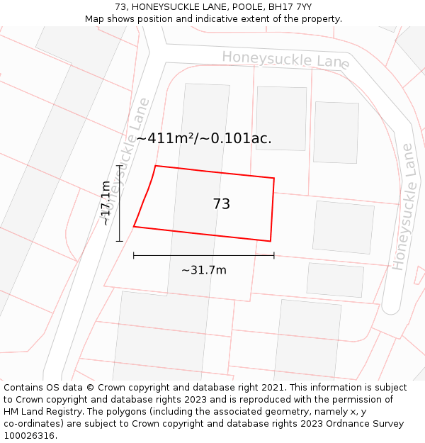73, HONEYSUCKLE LANE, POOLE, BH17 7YY: Plot and title map