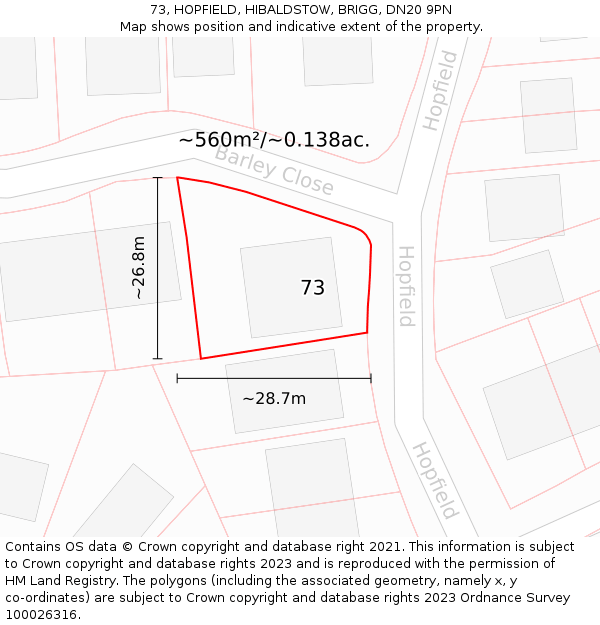 73, HOPFIELD, HIBALDSTOW, BRIGG, DN20 9PN: Plot and title map