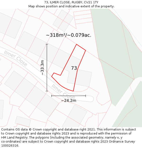 73, ILMER CLOSE, RUGBY, CV21 1TY: Plot and title map