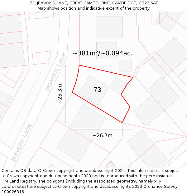 73, JEAVONS LANE, GREAT CAMBOURNE, CAMBRIDGE, CB23 6AF: Plot and title map