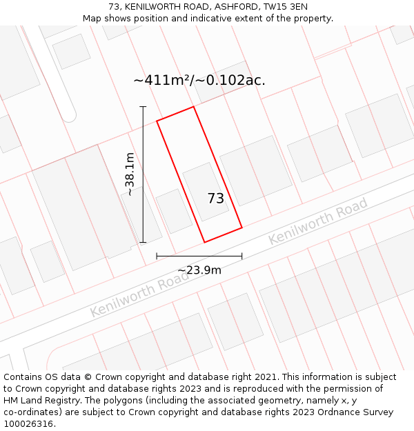 73, KENILWORTH ROAD, ASHFORD, TW15 3EN: Plot and title map