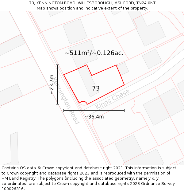 73, KENNINGTON ROAD, WILLESBOROUGH, ASHFORD, TN24 0NT: Plot and title map