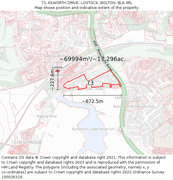73, KILWORTH DRIVE, LOSTOCK, BOLTON, BL6 4RL: Plot and title map