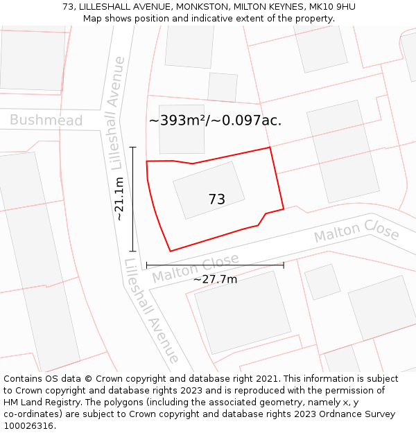 73, LILLESHALL AVENUE, MONKSTON, MILTON KEYNES, MK10 9HU: Plot and title map