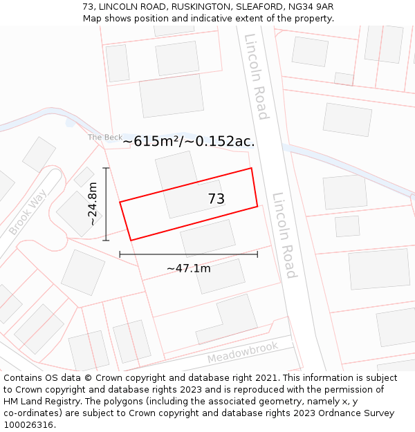 73, LINCOLN ROAD, RUSKINGTON, SLEAFORD, NG34 9AR: Plot and title map