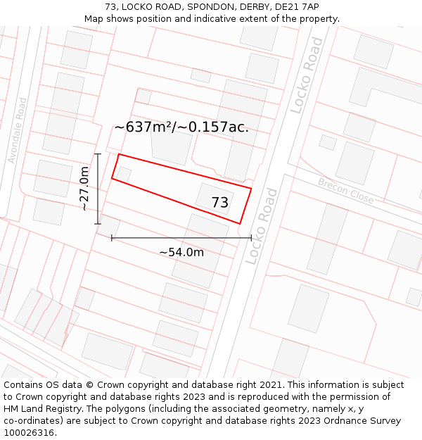 73, LOCKO ROAD, SPONDON, DERBY, DE21 7AP: Plot and title map