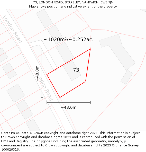 73, LONDON ROAD, STAPELEY, NANTWICH, CW5 7JN: Plot and title map