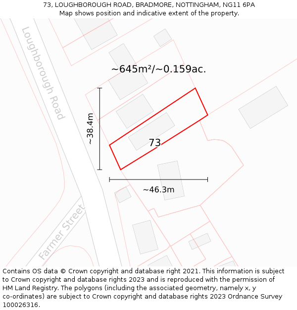 73, LOUGHBOROUGH ROAD, BRADMORE, NOTTINGHAM, NG11 6PA: Plot and title map