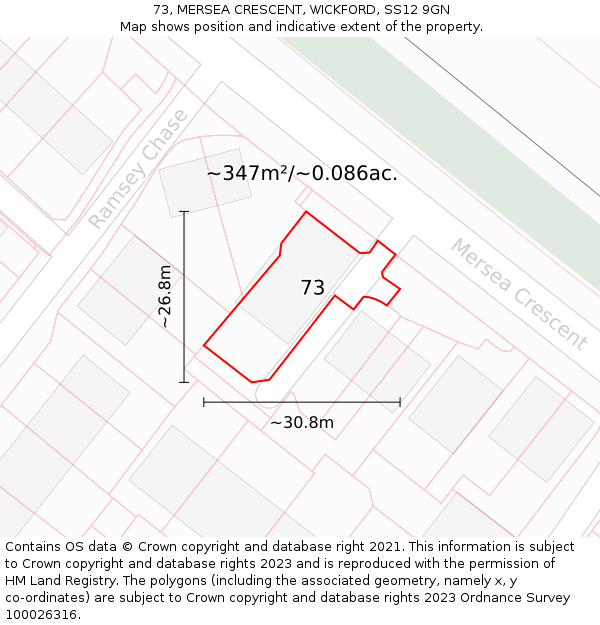 73, MERSEA CRESCENT, WICKFORD, SS12 9GN: Plot and title map