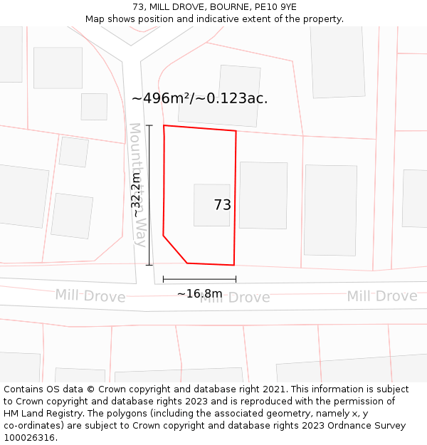 73, MILL DROVE, BOURNE, PE10 9YE: Plot and title map