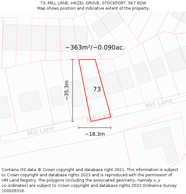 73, MILL LANE, HAZEL GROVE, STOCKPORT, SK7 6DW: Plot and title map