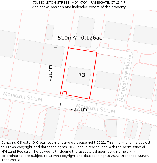 73, MONKTON STREET, MONKTON, RAMSGATE, CT12 4JF: Plot and title map