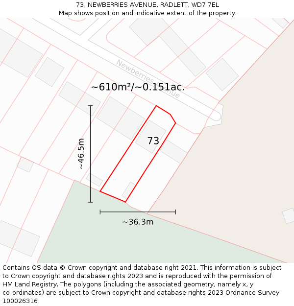 73, NEWBERRIES AVENUE, RADLETT, WD7 7EL: Plot and title map