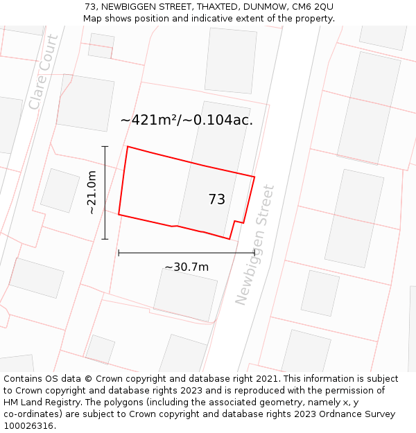 73, NEWBIGGEN STREET, THAXTED, DUNMOW, CM6 2QU: Plot and title map