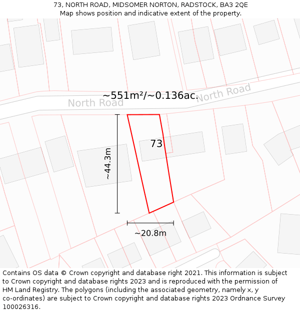 73, NORTH ROAD, MIDSOMER NORTON, RADSTOCK, BA3 2QE: Plot and title map