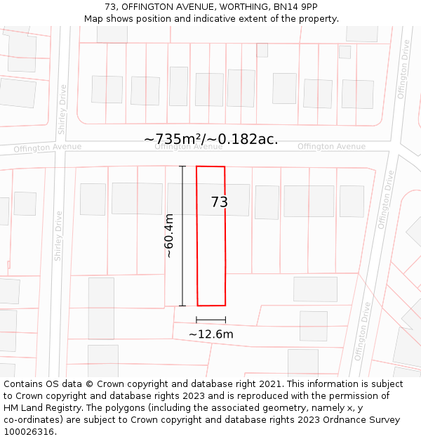 73, OFFINGTON AVENUE, WORTHING, BN14 9PP: Plot and title map