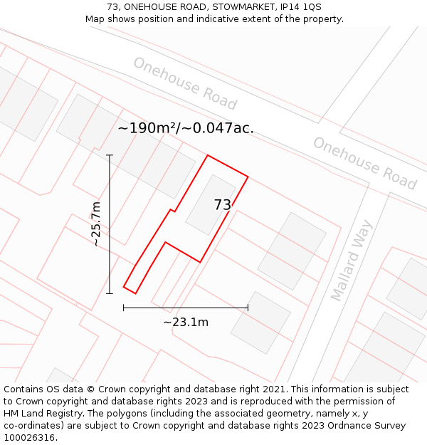 73, ONEHOUSE ROAD, STOWMARKET, IP14 1QS: Plot and title map