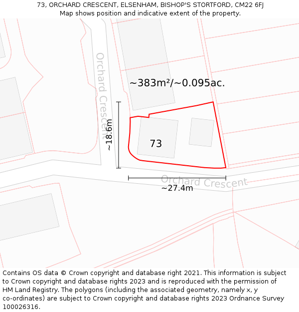 73, ORCHARD CRESCENT, ELSENHAM, BISHOP'S STORTFORD, CM22 6FJ: Plot and title map