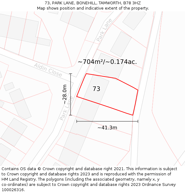 73, PARK LANE, BONEHILL, TAMWORTH, B78 3HZ: Plot and title map