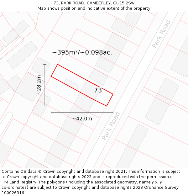 73, PARK ROAD, CAMBERLEY, GU15 2SW: Plot and title map