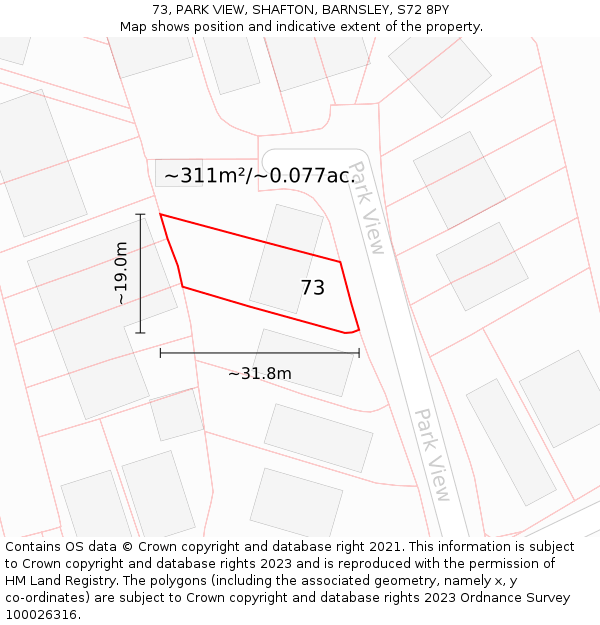 73, PARK VIEW, SHAFTON, BARNSLEY, S72 8PY: Plot and title map