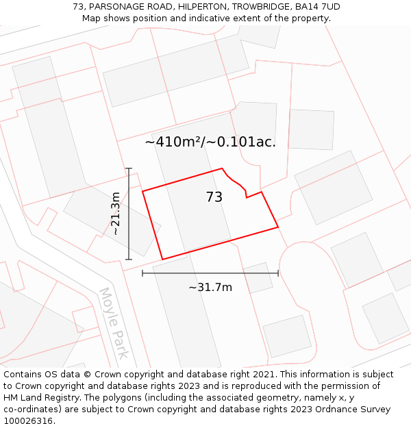 73, PARSONAGE ROAD, HILPERTON, TROWBRIDGE, BA14 7UD: Plot and title map