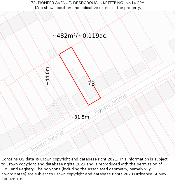 73, PIONEER AVENUE, DESBOROUGH, KETTERING, NN14 2PA: Plot and title map