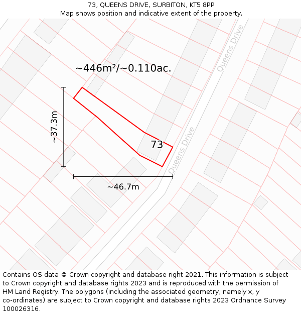 73, QUEENS DRIVE, SURBITON, KT5 8PP: Plot and title map