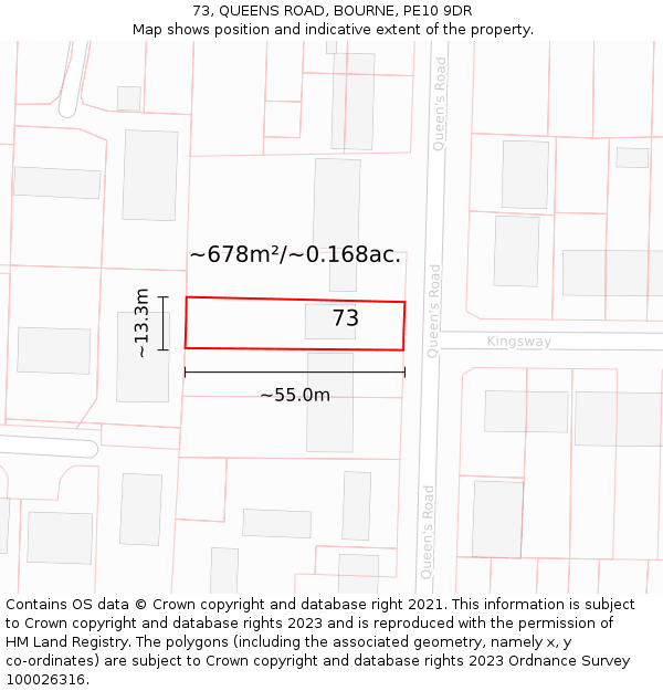 73, QUEENS ROAD, BOURNE, PE10 9DR: Plot and title map