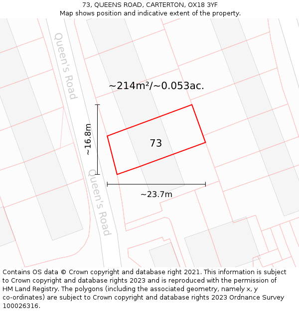 73, QUEENS ROAD, CARTERTON, OX18 3YF: Plot and title map